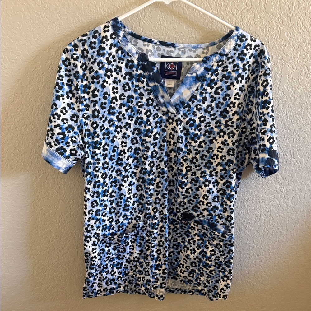 Koi Blue Leopard Print Scrub Top